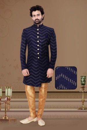 Navy Jaquard Silk Indo Western Sherwani